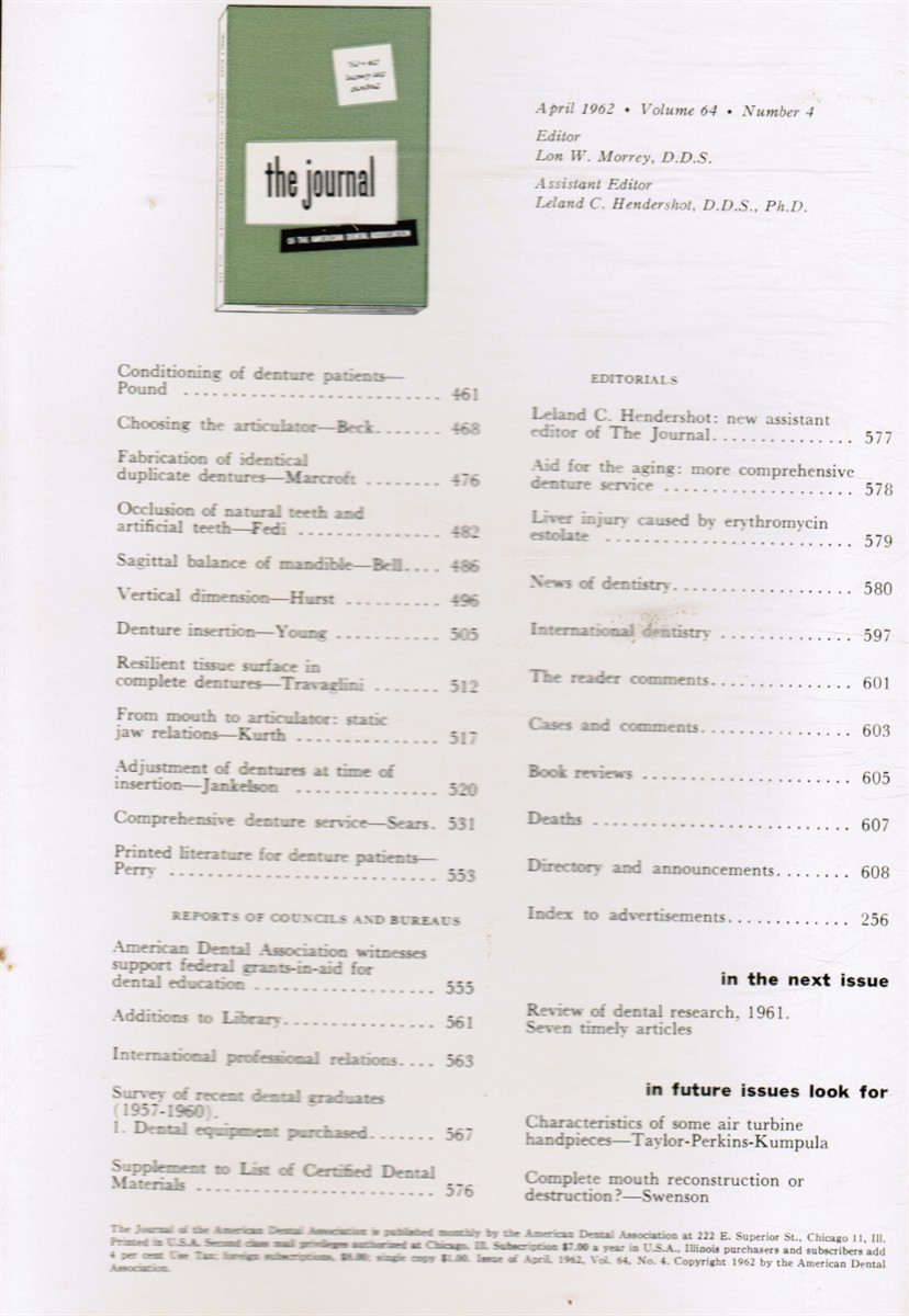 MURRAY, LON W (EDITOR) - The Journal of the American Dental Association: April 1962