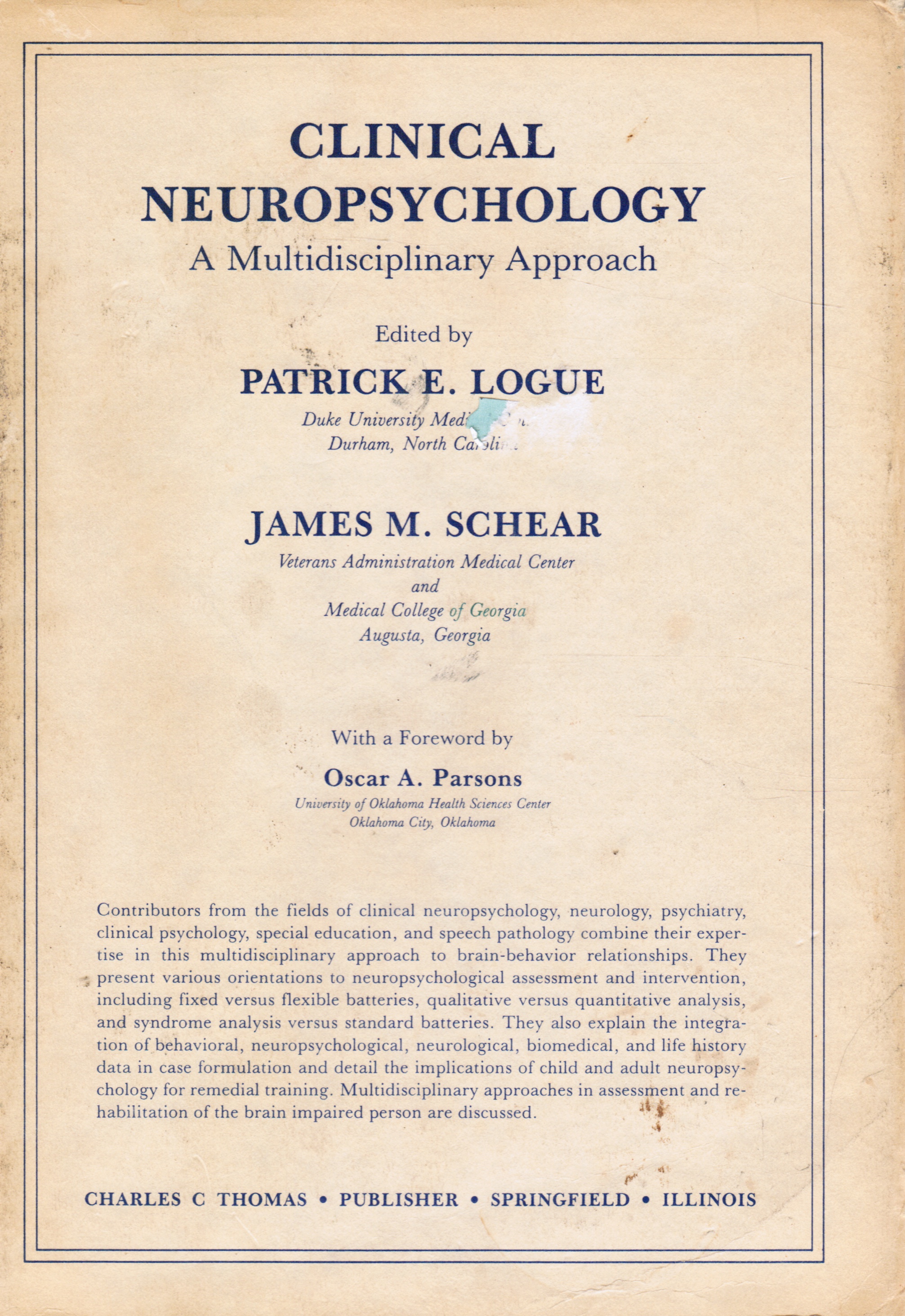 LOGUE, PATRICK; JAMES E. SHEAR (EDITED BY) - Clinical Neuropsychology