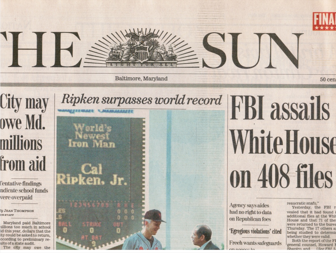  - 1996 the Baltimore Sun Newspaper: (Cal) Ripken Surpasses World Record (Sachio Kinugasa)