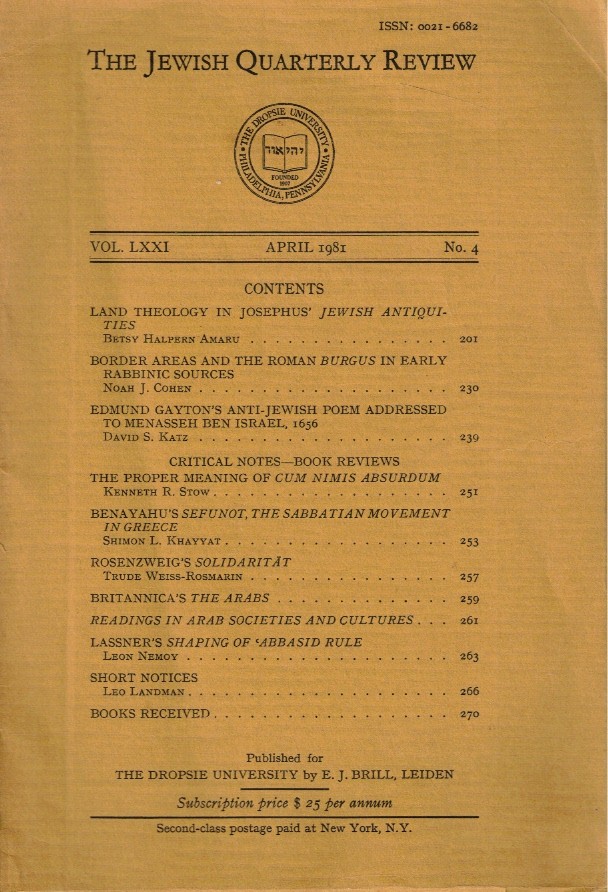 The Jewish Quarterly Review : April 1981 Edmund Gayton, Abbasid, Arab Societies, Roman Burgus, Jewish Antiquities