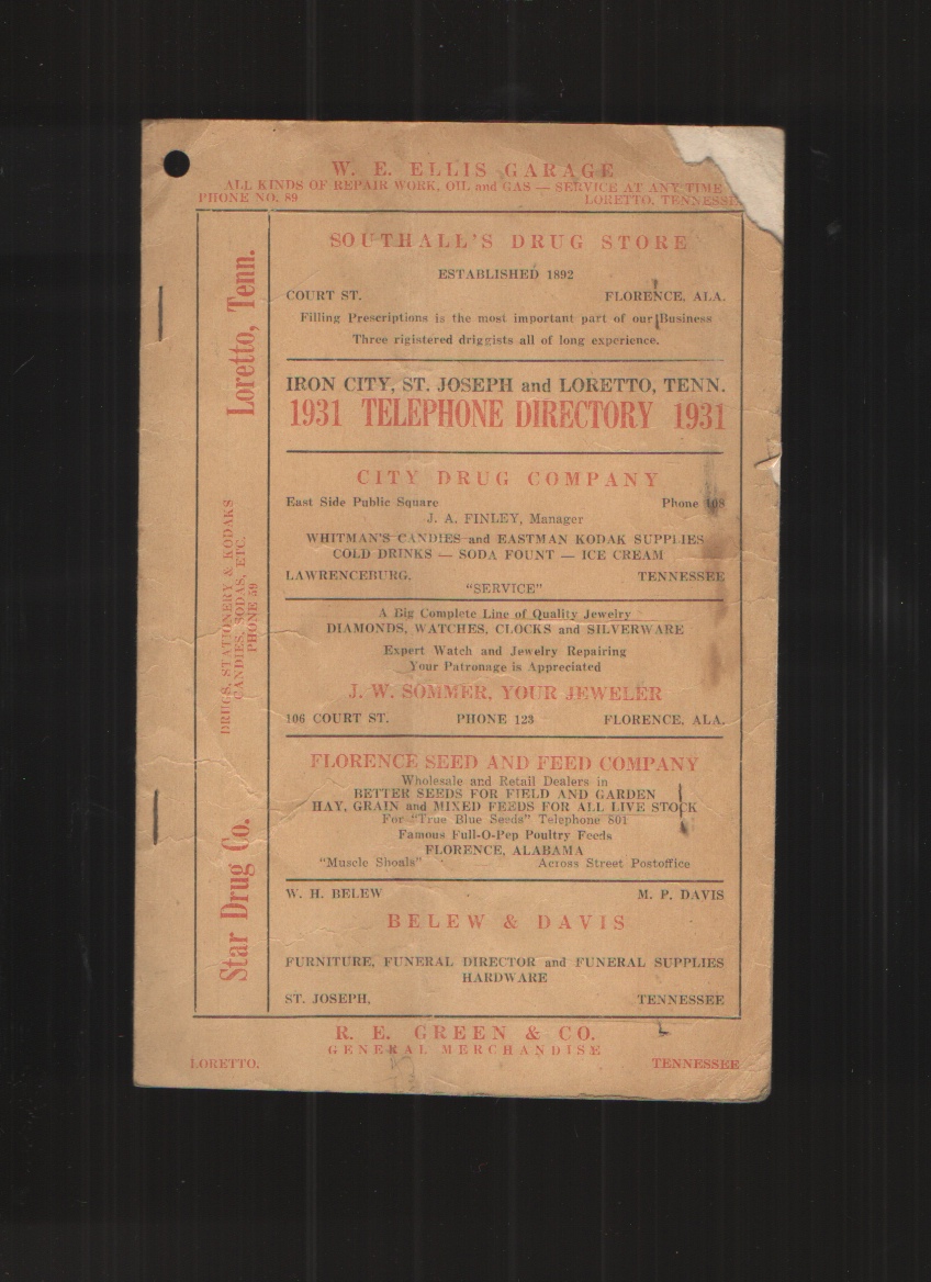 Image for 1931 Telephone Directory for Iron City, St. Joseph and Loretto, Tennessee