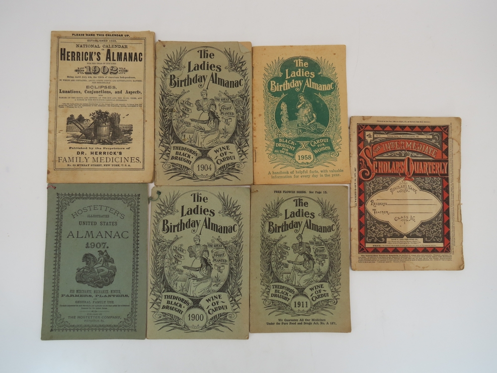 7 ANTIQUE VINTAGE ALMANACS 1885 TO 1958