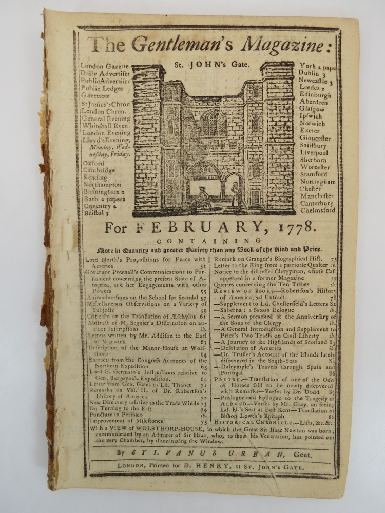LORD NORTH'S PROPOSITIONS FOR PEACE. THE GENTLEMAN'S MAGAZINE, FEBRUARY 1778 Revolutionary War Content. an Account of the Transactions in America During the Last Campaign on George Washington & General Howe in New Jersey and the Chesapeake Area. a Report from Gen. Howe on Propositions of Peace in Co