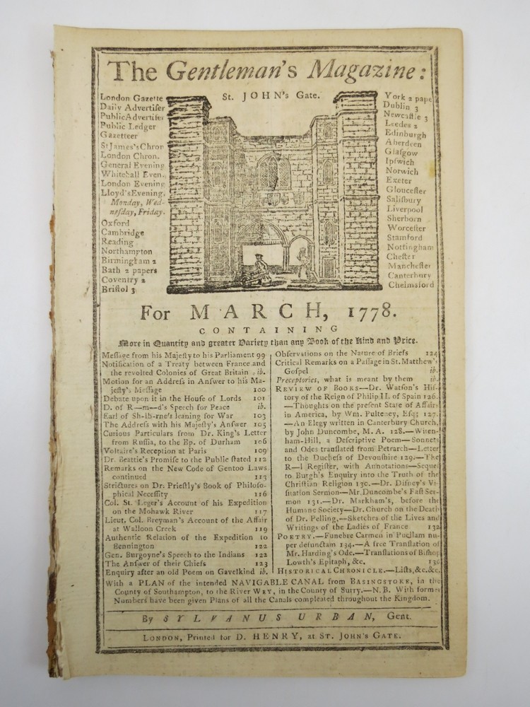 ADDRESS TO INHABITANTS OF PENNSYLVANIA. THE GENTLEMAN'S MAGAZINE, MARCH 1778 Revolutionary War Content. 'history of Europe; ; There is a COMMAND from CONGRESS to ARREST PERSONS LISTED; Also Notes Extracted from Congress Relating to the American War.
