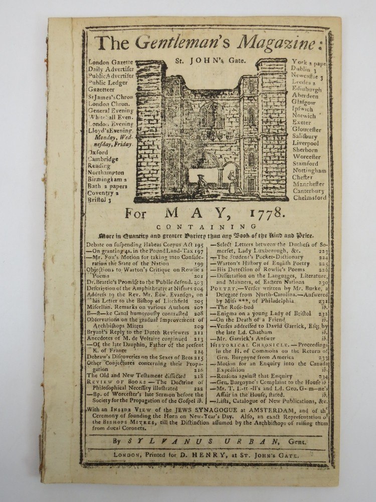 THE EXAMINATION OF GEN. BURGOYNE. THE GENTLEMAN'S MAGAZINE, MAY 1778 Revolutionary War Content. Includes Burgoyne's Actions Which Led to Losing the Battle of Saratoga