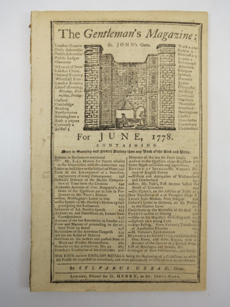 EXAMINATION OF GENERAL BURGOYNE. THE GENTLEMAN'S MAGAZINE, JUNE 1778 Revolutionary War Content. Plus Mention of General George Washington.