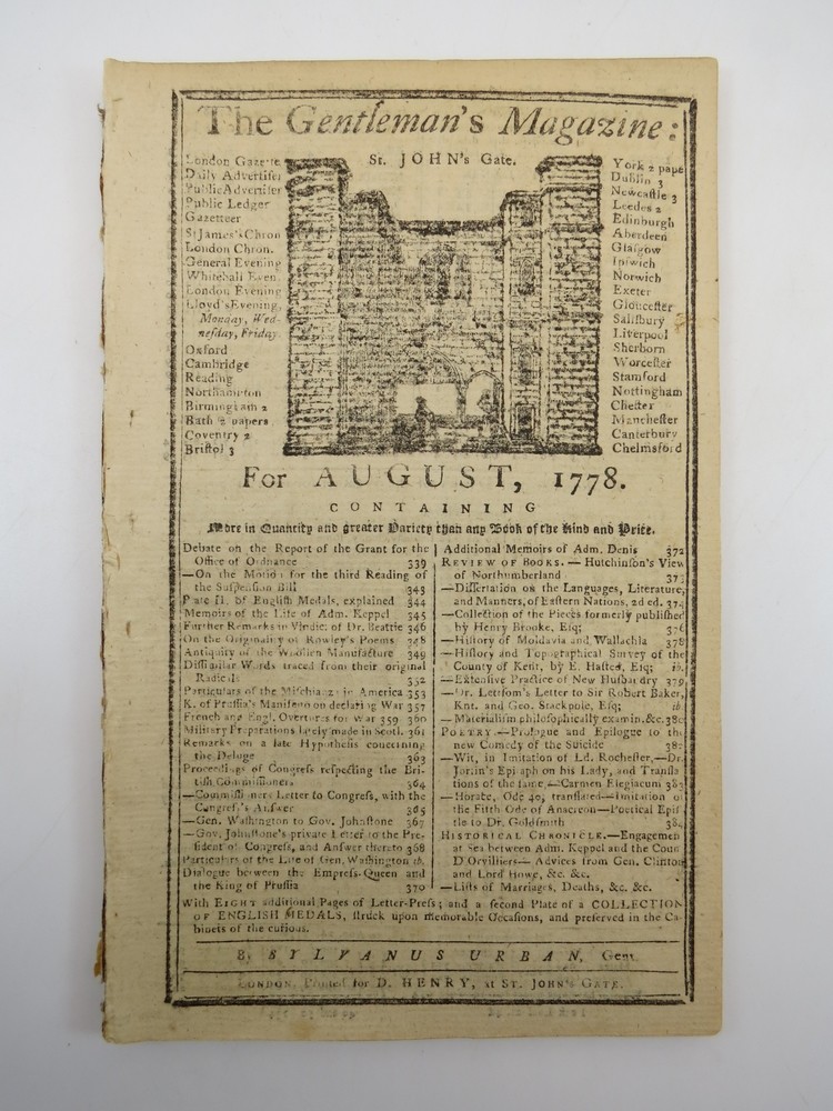 LETTER BY GEORGE WASHINGTON. THE GENTLEMAN'S MAGAZINE, AUGUST 1778 Revolutionary War Content. 