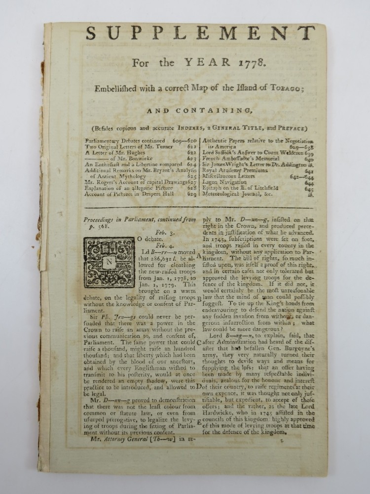 NEGOTIATION IN AMERICA. THE GENTLEMAN'S MAGAZINE, SUPPLEMENT & INDEX FOR 1778 Revolutionary War Content. 