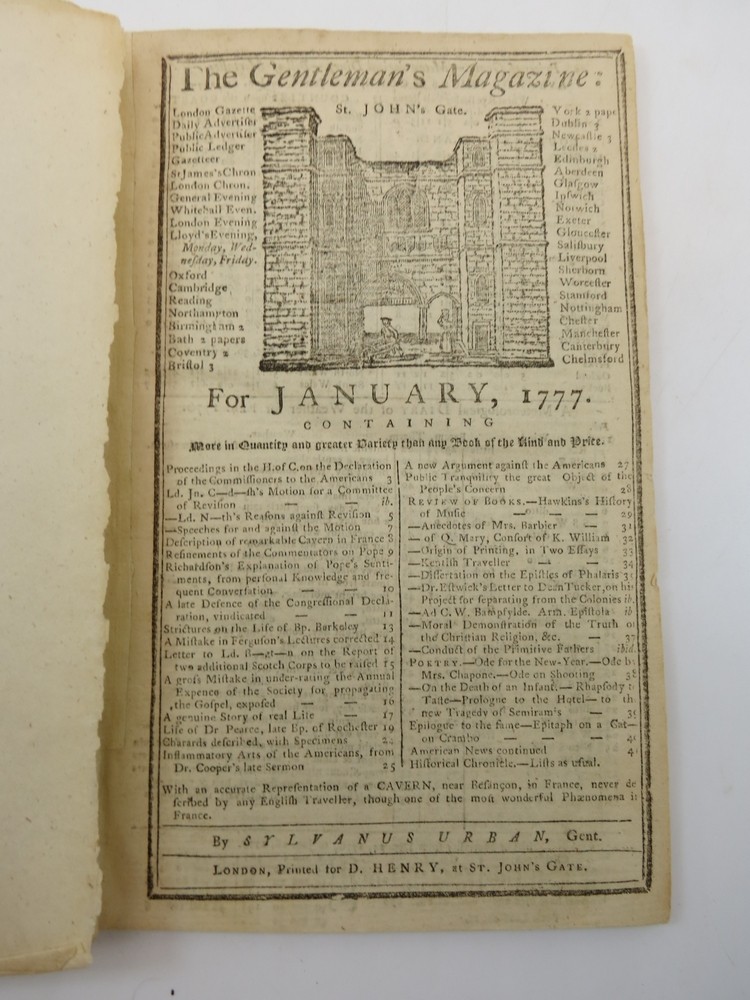 EARLY REFERENCE TO THE CONFEDERATION. THE GENTLEMAN'S MAGAZINE, JANUARY 1777 Revolutionary War Content. 