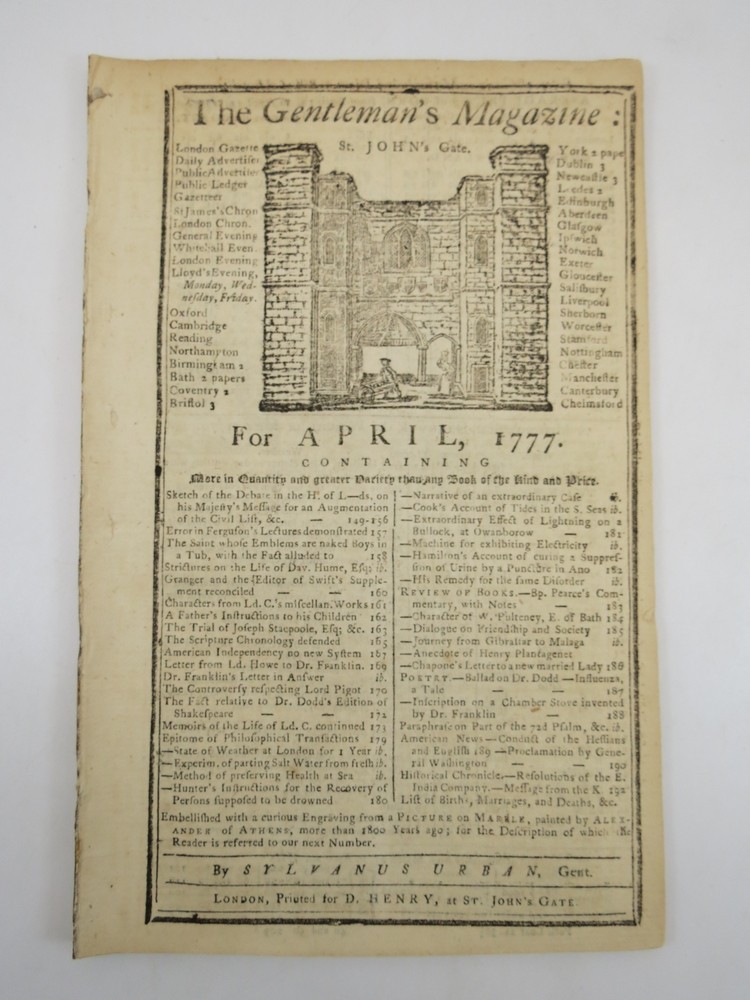 PROCLAMATION BY GEORGE WASHINGTON. THE GENTLEMAN'S MAGAZINE, APRIL 1777 Revolutionary War Content. 