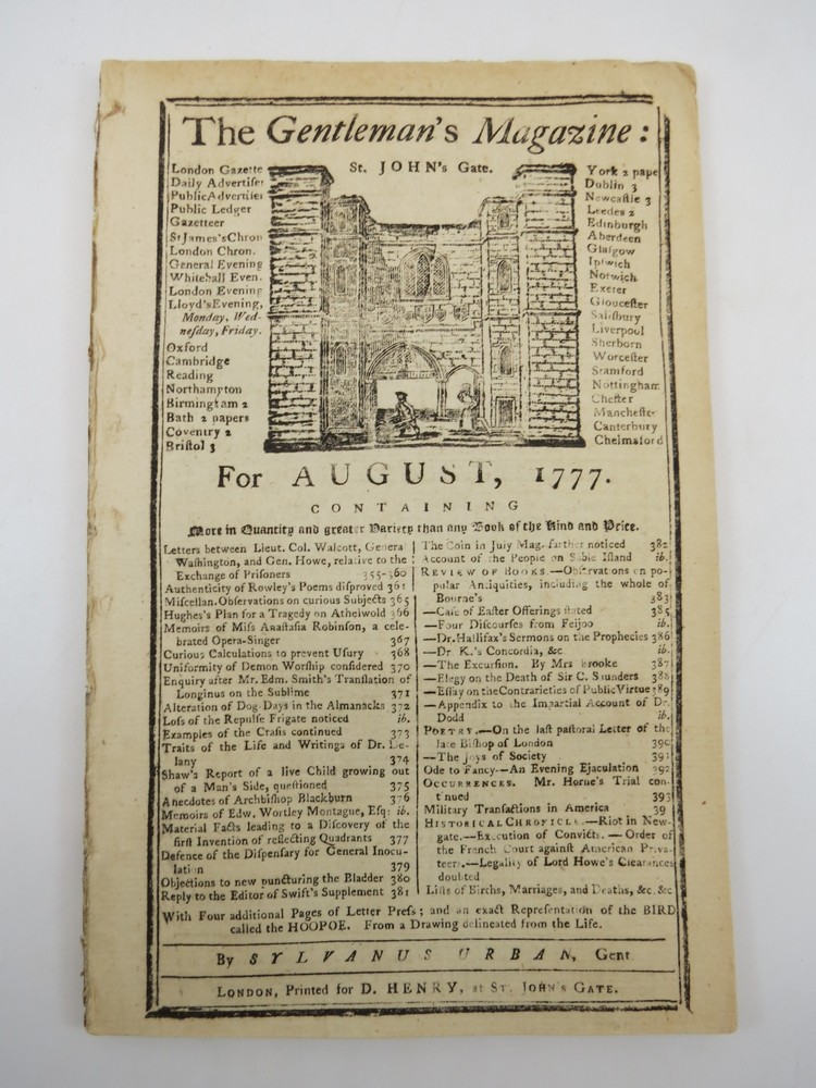 LETTERS AMONG GENERAL WASHINGTON. THE GENTLEMAN'S MAGAZINE, AUGUST 1777 Revolutionary War Content. 