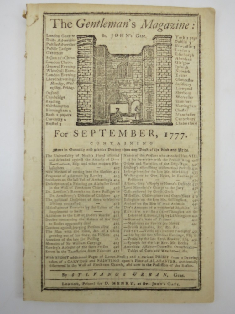MANIFESTO OF GENERAL WASHINGTON. THE GENTLEMAN'S MAGAZINE, SEPTEMBER 1777 Revolutionary War Content. 
