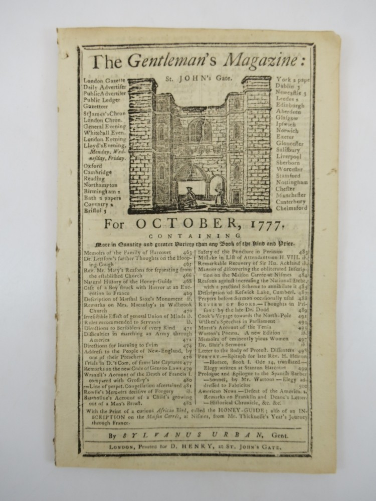 MARCHING AN ARMY THROUGH AMERICA. THE GENTLEMAN'S MAGAZINE, OCTOBER 1777 Revolutionary War Content. 