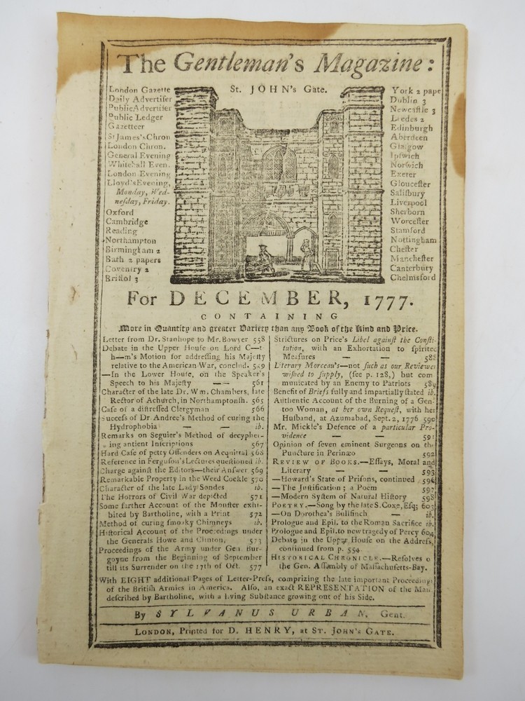 GEN. LINCOLN'S ATTACK ON TICONDEROGA. THE GENTLEMAN'S MAGAZINE, DECEMBER 1777 Revolutionary War Content. Proceedings under the Generals Howe and Clinton; Proceedings of the Army under Gen. Burgoyne