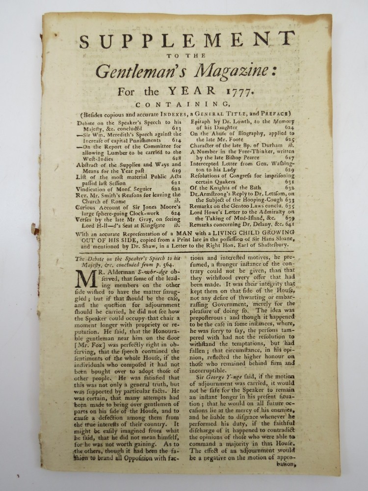 LETTER FROM GEN. WASHINGTON. THE GENTLEMAN'S MAGAZINE, SUPPLEMENT & INDEX FOR 1777 Revolutionary War Content. 