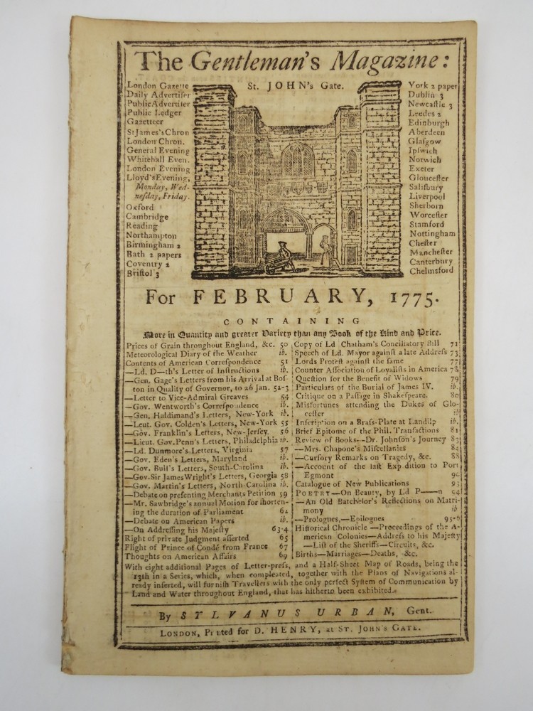 ACT SETTLING TROUBLES IN AMERICA. THE GENTLEMAN'S MAGAZINE, FEBRUARY 1775 Content on Lead Up to Revolutionary War. 