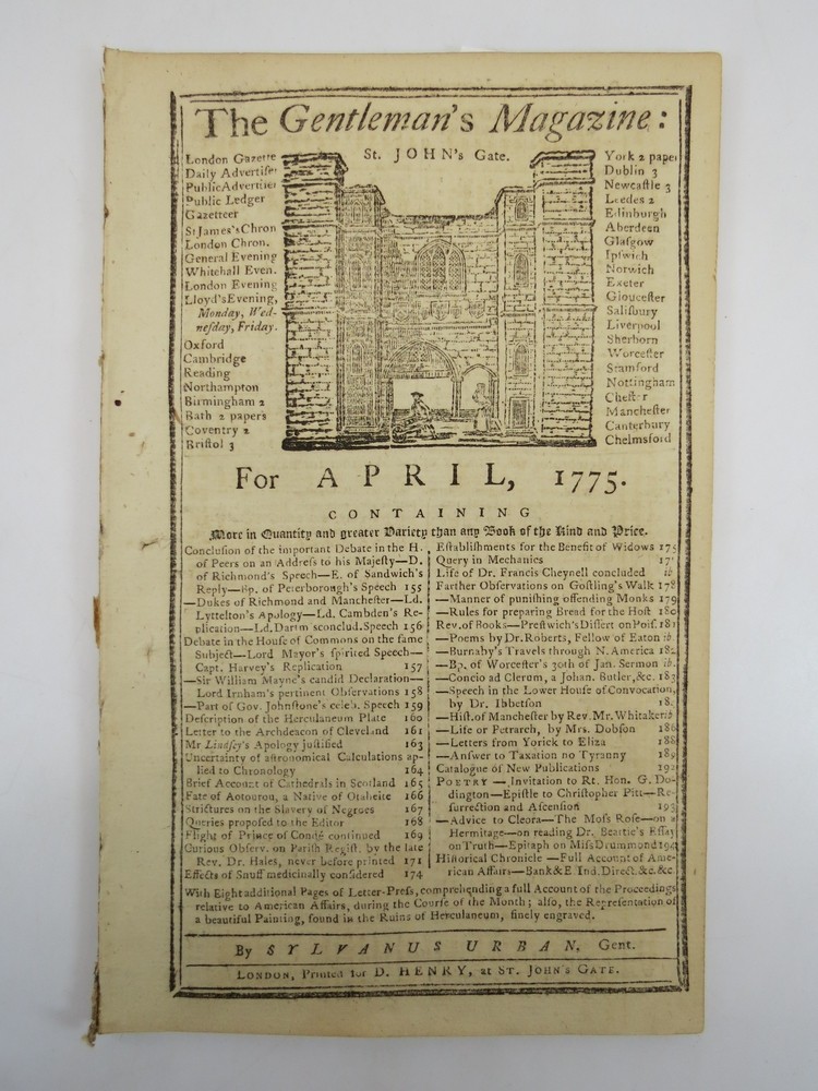 STRICTURES ON SLAVERY OF NEGROES. THE GENTLEMAN'S MAGAZINE, APRIL 1775 Content on Lead Up to Revolutionary War. 