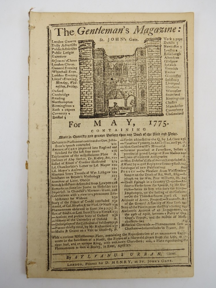 APRIL 19,1775, FIRST BATTLE. THE GENTLEMAN'S MAGAZINE, MAY 1775 Content on the Revolutionary War. Debates in Parliament in Response to King George Iii's Address Declaring the American Colonies in Rebellion and Pledging to Suppress the Rebellion. Account of American Proceed.general Assembly of New Yo