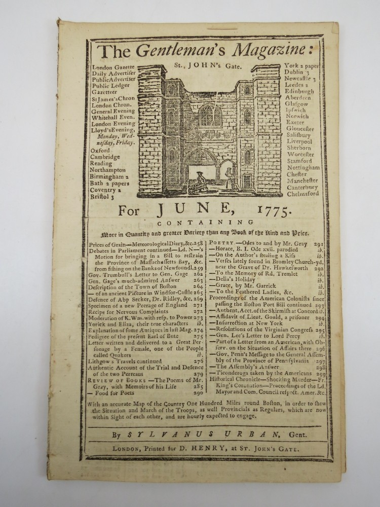 TICONDEROGA TAKEN BY THE AMERICANS. THE GENTLEMAN'S MAGAZINE, JUNE 1775 Content on the Revolutionary War. Proceedings of the American Colonists Since Passing the Boston Port Bill Continued. Authentic Acct. of the Skirmish At Concord. Insurrection At New York. Resolutions of the Virginian Congress.