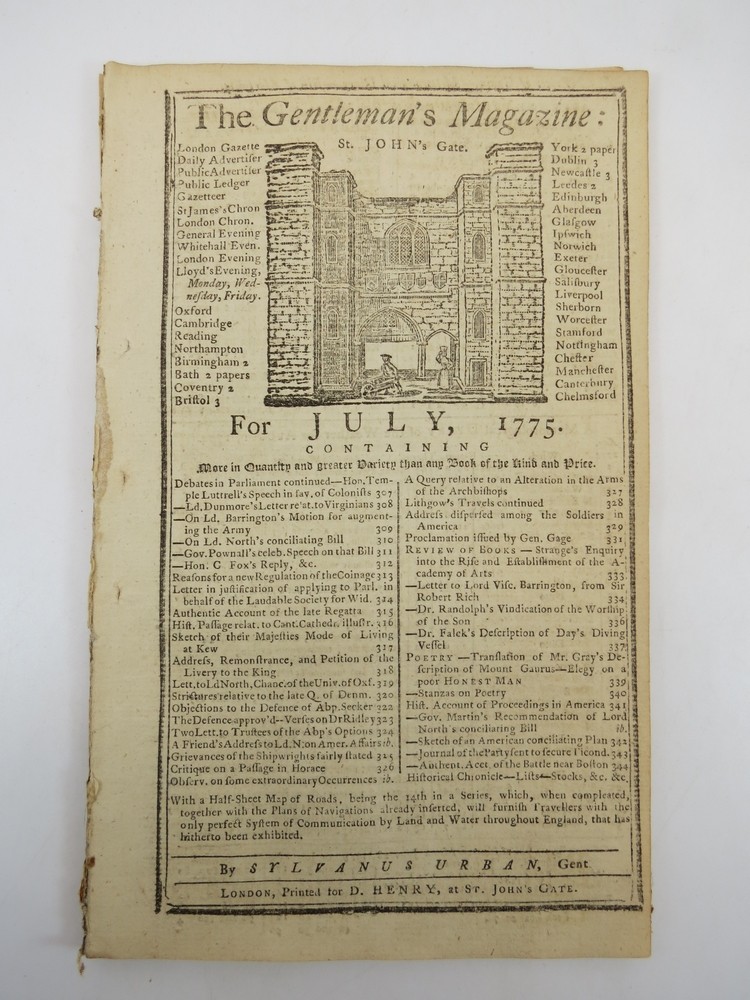 ACCT. OF THE BATTLE NEAR BOSTON. THE GENTLEMAN'S MAGAZINE, JULY 1775 Content on the Revolutionary War. Address Dispersed Among the Soldiers in America. Proclamation Issued by Gen. Gage. Hist. Account of Proceedings in America. Gov. Martin's Recommendation of Lord North's Conciliating Bill.
