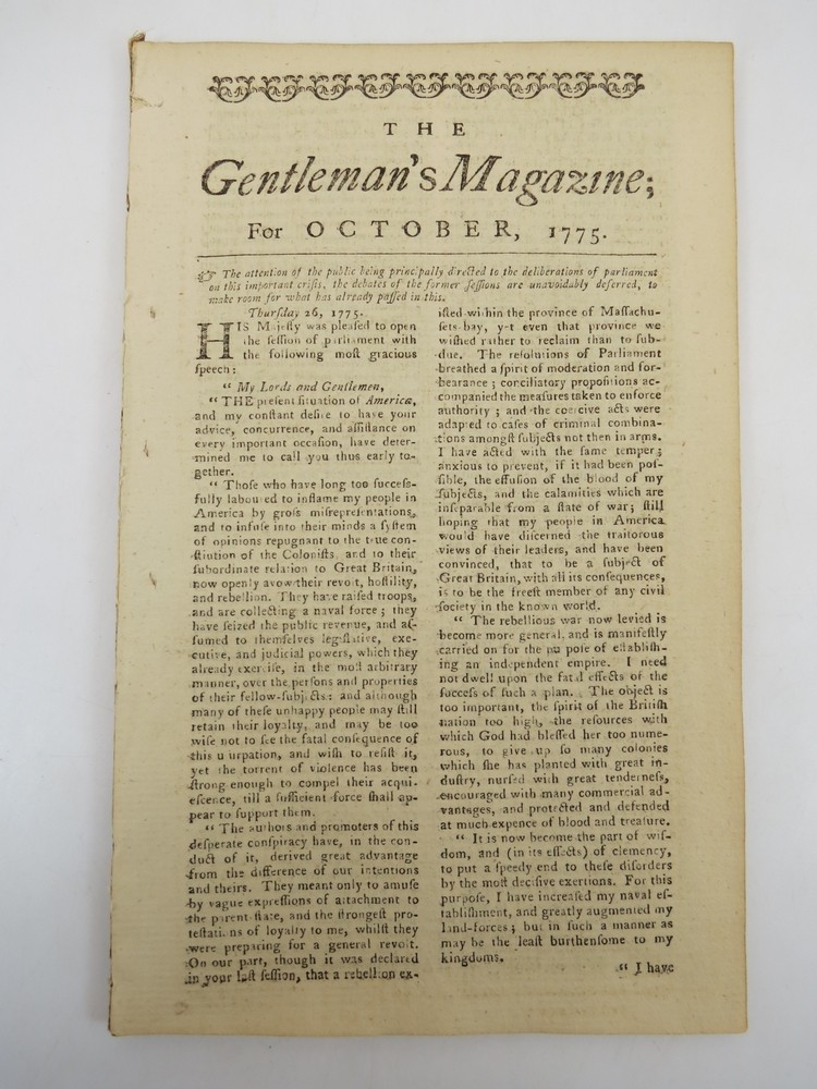 LETTER FROM CONGRESS, JOHN HANCOCK. THE GENTLEMAN'S MAGAZINE, OCTOBER 1775 Content on the Revolutionary War. Account of Parliamentary Concerning the Troubles in America.