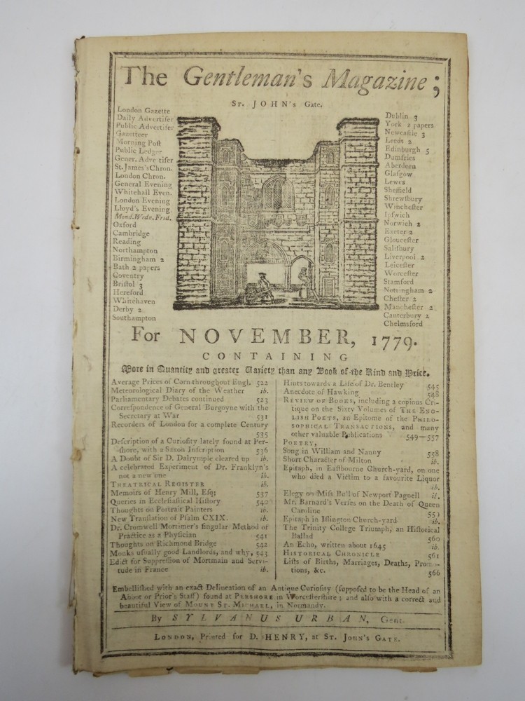 CORRESPONDENCE GENERAL BURGOYNE. THE GENTLEMAN'S MAGAZINE, NOVEMBER 1779 Revolutionary War Content. A celebrated Experiment of Dr. Franklyn's not a new on. Article on The First Peopling of America. Historical Chronicle also covering revolutionary war reporting.