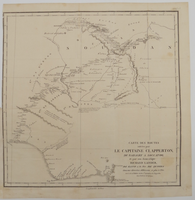 ANTIQUE 1829 MAP OF AFRICA, SOUDAN, ROUTES FOLLOWED BY CAPTAIN CLAPPERTON 16.5
