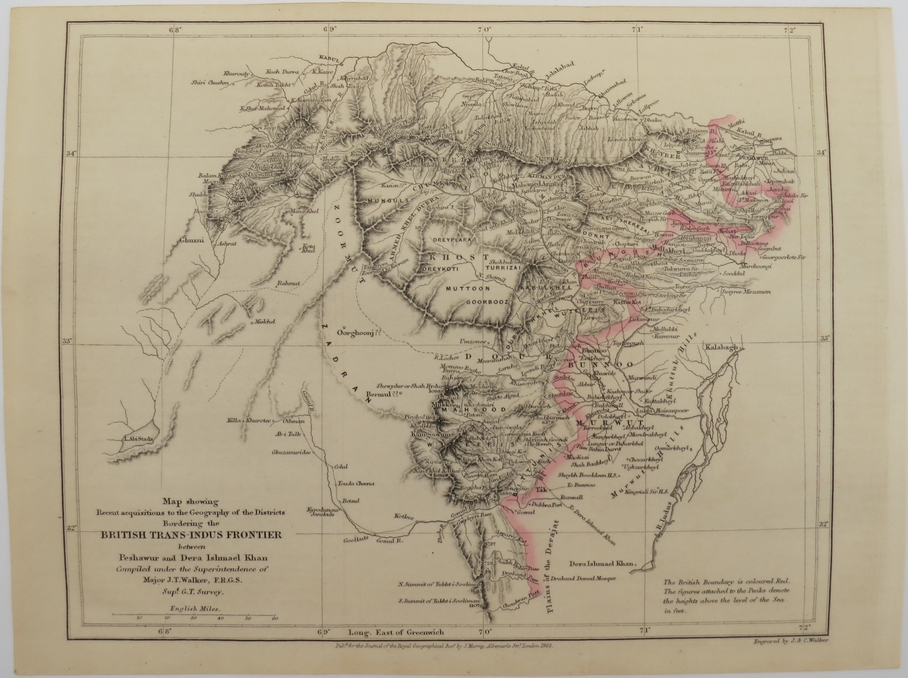 RARE ANTIQUE 1863 MAP ACQUISITIONS BORDERING THE BRITISH TRANS-INDUS FRONTIER BETWEEN PESHAWUR AND DERAISHMAEL KHAN
