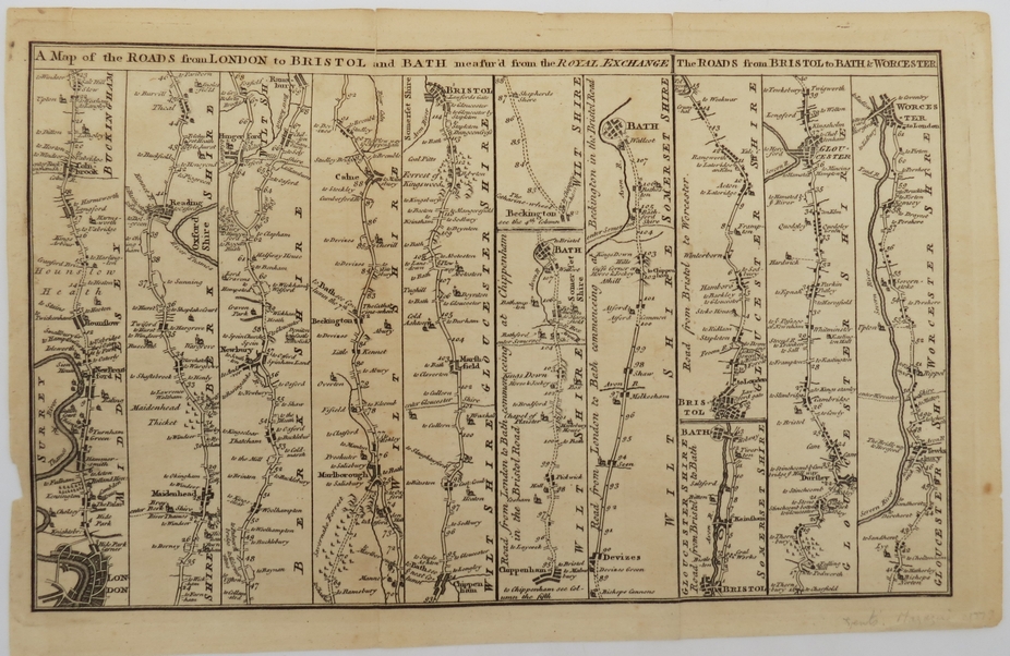 A MAP OF THE ROADS FROM LONDON TO BRISTOL AND BATH MEASURED FROM THE ROYAL EXCHANGE; THE ROADS FOM BRISTOL TO BATH & WORCESTER