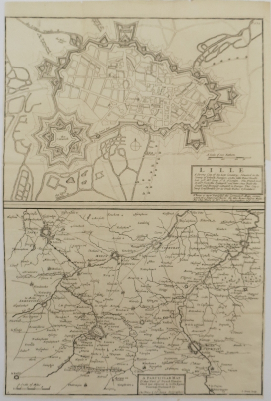 ANTIQUE 18TH C. CHARLES PRICE DOUBLE MAP OF LILLE & FRENCH FLANDERS