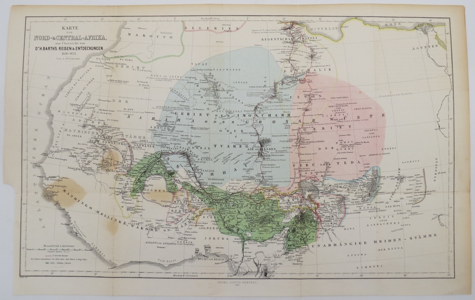 ANTIQUE 1860 MAP OF NORTH & CENTRAL AFRICA BARTH'S TRAVELS & DISCOVERIES 1850-1855