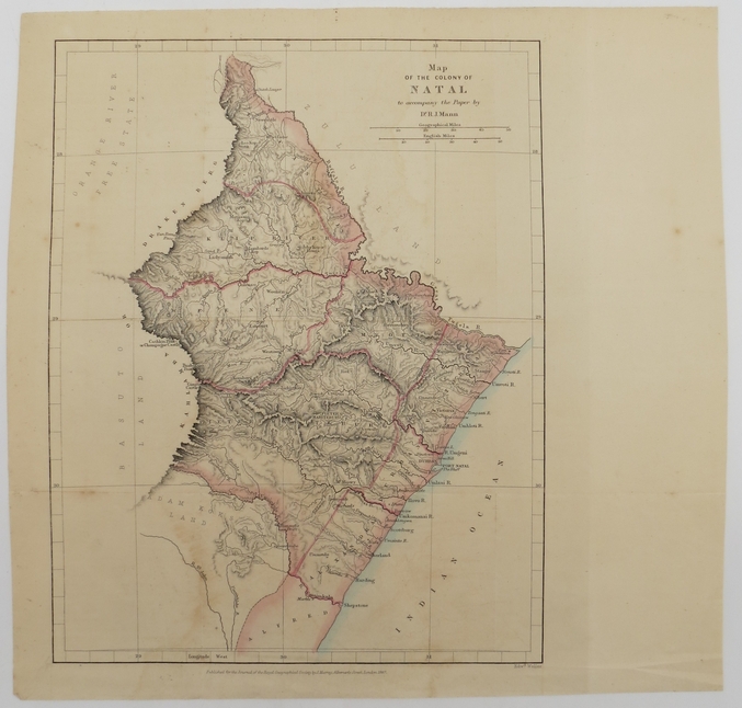 ANTIQUE 1867 HAND COLOURED MAP OF THE COLONY OF NATAL