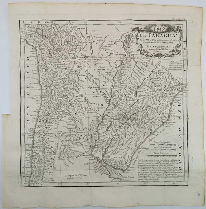 ANTIQUE 1733 D'ANVILLE MAP OF PARAGUAY, URUGUAY, PART OF CHILE, & NORTHERN ARGENTINA