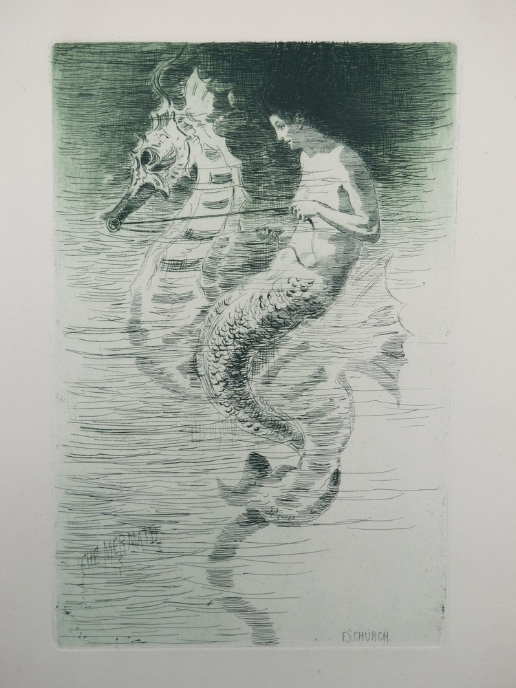 ANTIQUE 1889 ETCHING THE MERMAID BY FREDERICK STUART CHURCH
