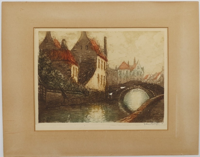 ORIGINAL ALFRED VAN NESTE BELGIAN BRIDGE ETCHING PENCIL SIGNED