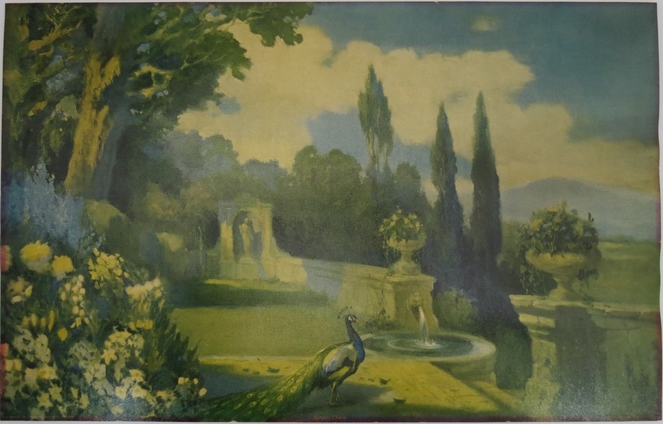 ANTIQUE 1927 NATURE'S CHARM PEACOCK GARDEN PLEIN AIR PRINT