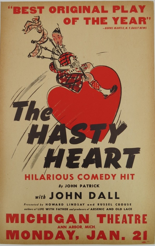 THE HASTY HEART 1945 POSTER WITH JOHN DALL, ANN ARBOR, MICHIGAN