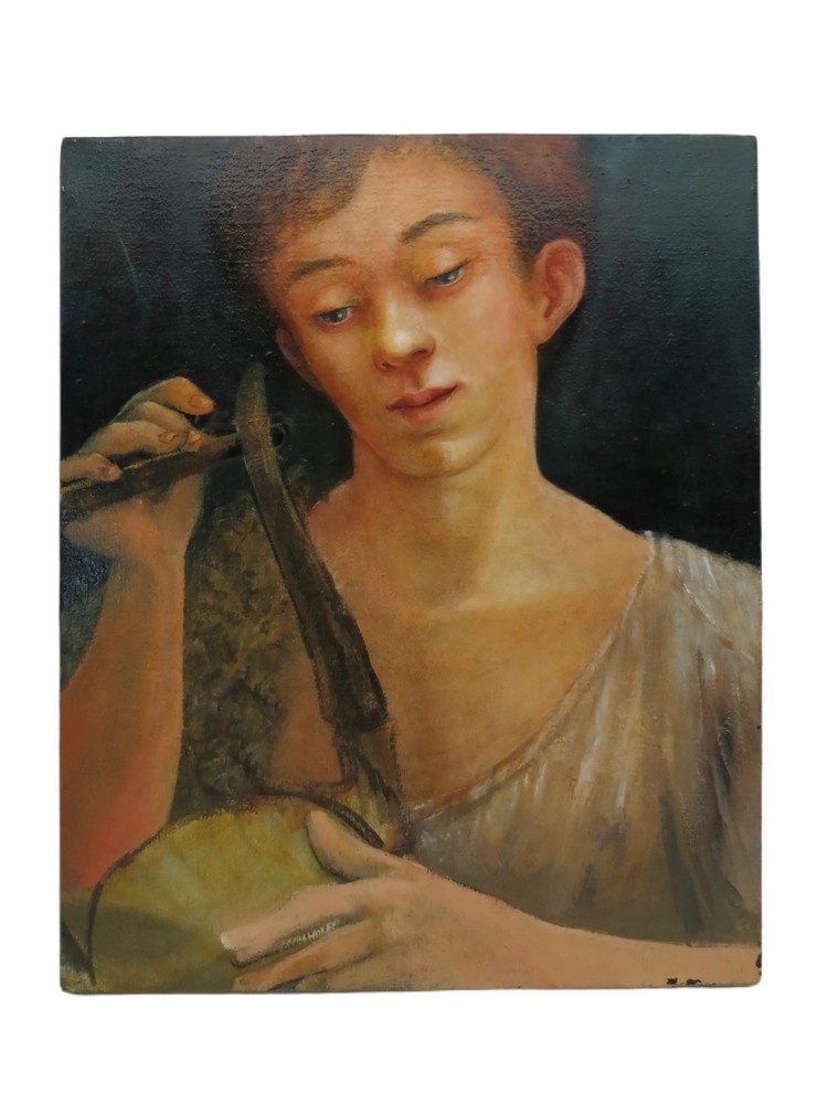 ORIGINAL BILL (WILLIAM J.) GIRARD OIL PAINTING ON CANVAS CLASSIVIST BOY PLAYING INSTRUMENT