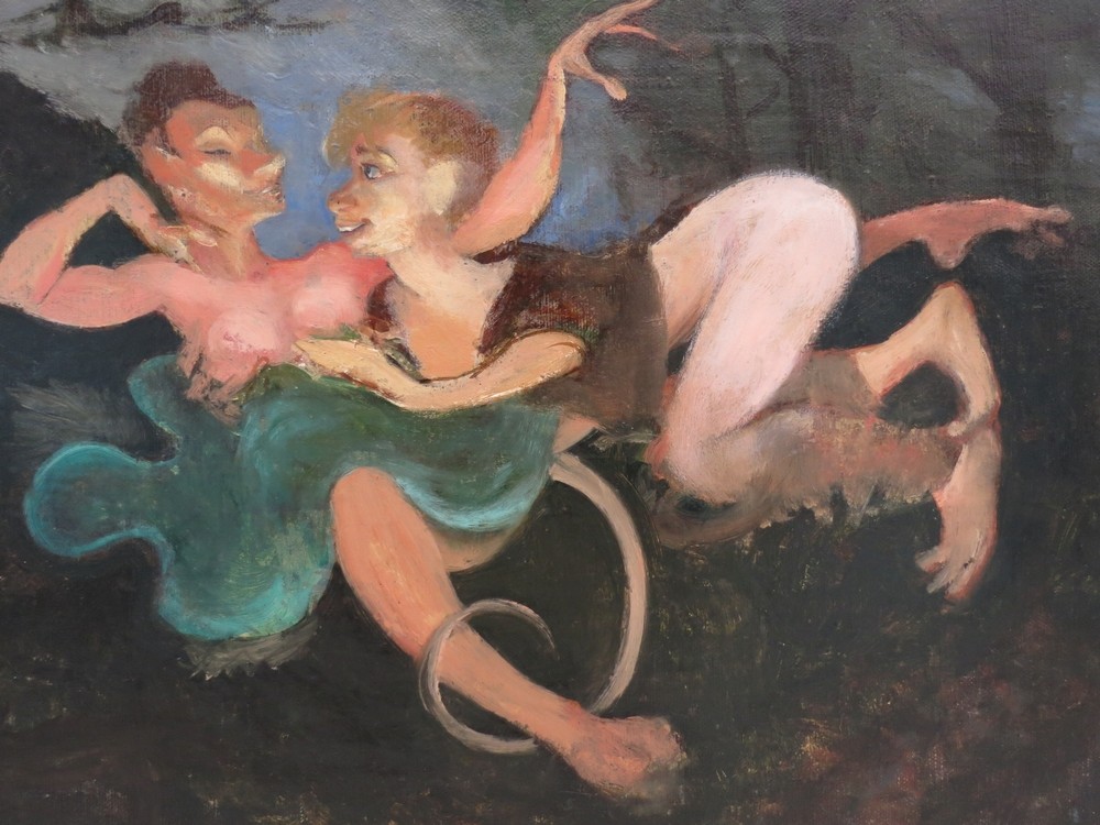 ORIGINAL BILL (WILLIAM J.) GIRARD OIL PAINTING ON CANVAS/BOARD MYTHICAL COUPLE NUDE EROS