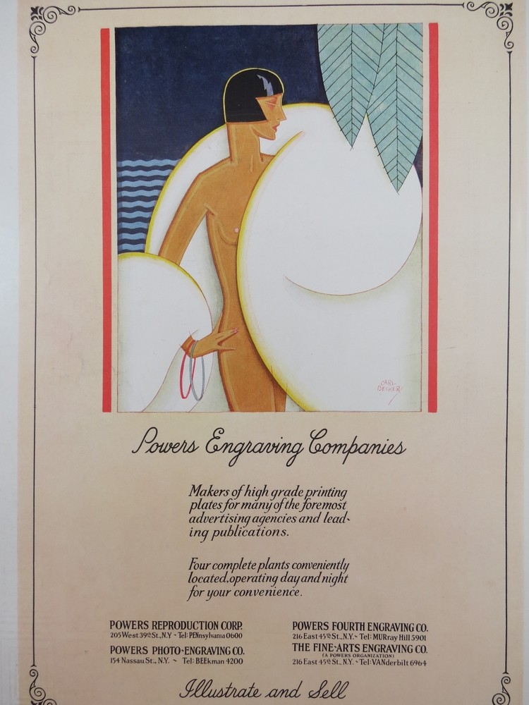 3 CARL BECKER ART DECO NUDE 1929 COLOR AD PRINTS FOR POWERS ENGRAVING COMPANIES