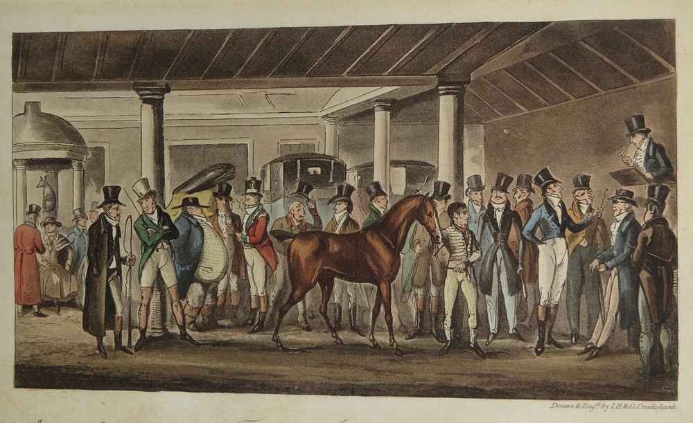 ANTIQUE 1821 HAND COLORED AQUATINT GEORGE CRUIKSHANK 'LOOK IN' AT TATTERSAL'S