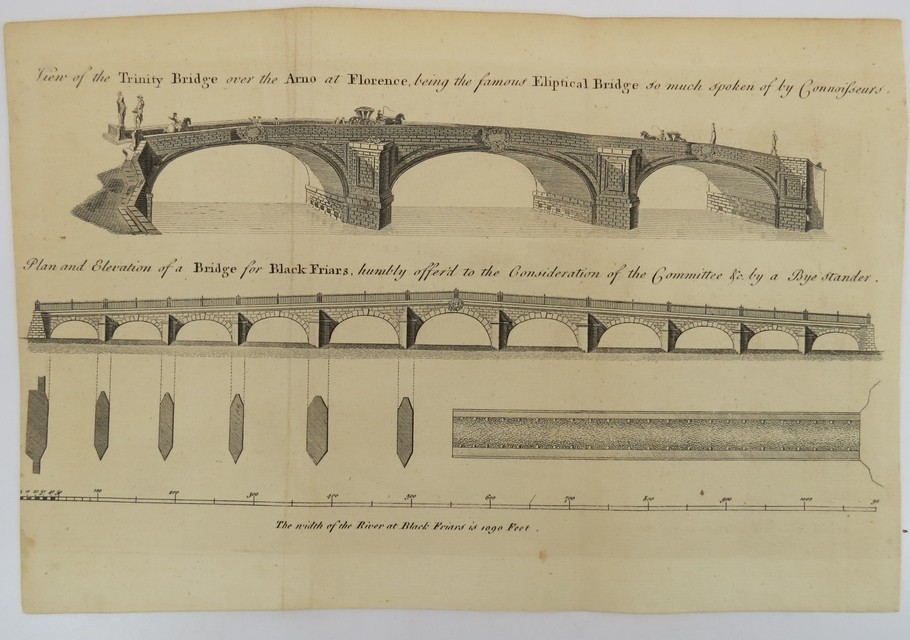 1759 TRINITY BRIDGE OVER THE ARNO, FLORENCE. BLACKFRIARS BRIDGE PLAN, LONDON