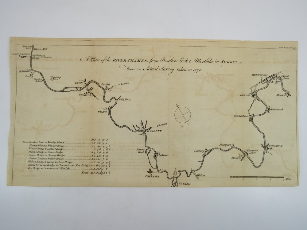 1771 MAP PLAN OF RIVER THAMES FROM BOULTERS LOCK TO MORTLAKE IN SURRY, ENGLAND