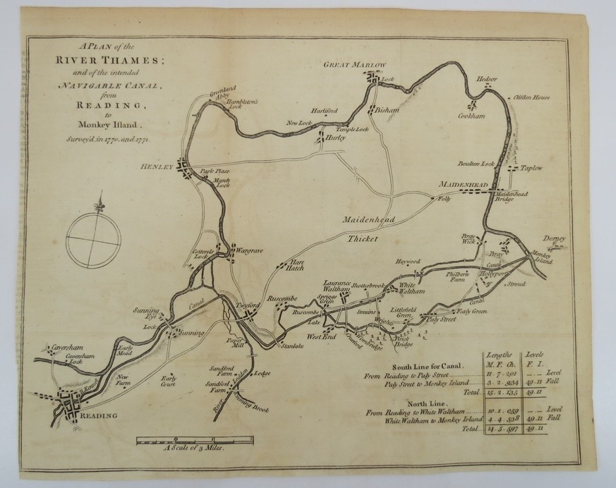 1771 MAP PLAN OF RIVER THAMES AND NAVIGABLE CANAL FROM READING TO MONKEY ISLAND, ENGLAND