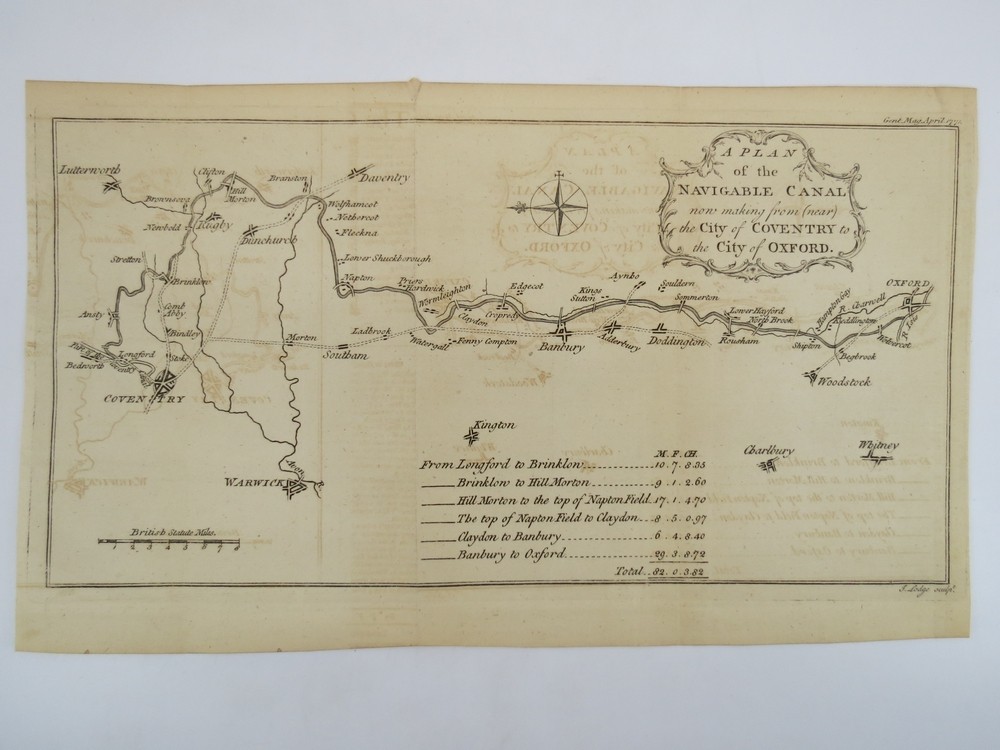 1771 MAP PLAN OF THE NAVIGABLE CANAL FROM COVENTRY TO OXFORD, ENGLAND