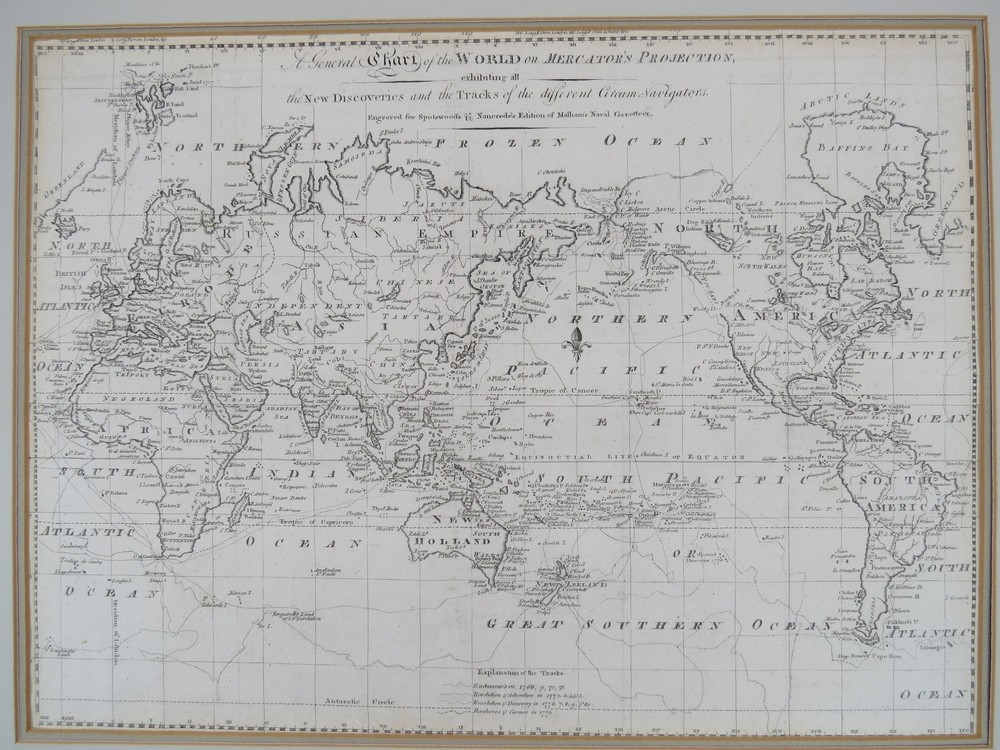 1797 A GENERAL CHART OF THE WORLD ON MERCATOR'S PROJECTION, EXHIBITING ALL THE NEW DISCOVERIES AND THE TRACKS OF THE DIFFERENT CIRCUM-NAVIGATORS.