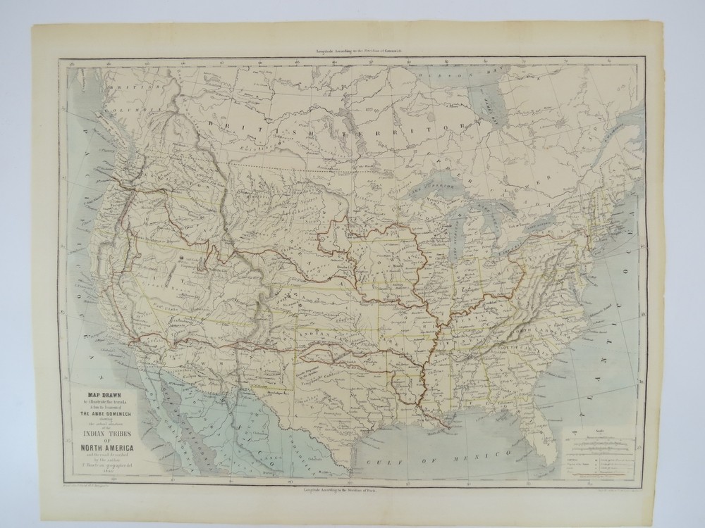 1860 MAP DRAWN TO ILLUSTRATE THE TRAVELS & FROM THE DOCUMENTS OF THE ABBE DOMENECH SHOWING THE ACTUAL SITUATION OF THE INDIAN TRIBES OF NORTH AMERICA