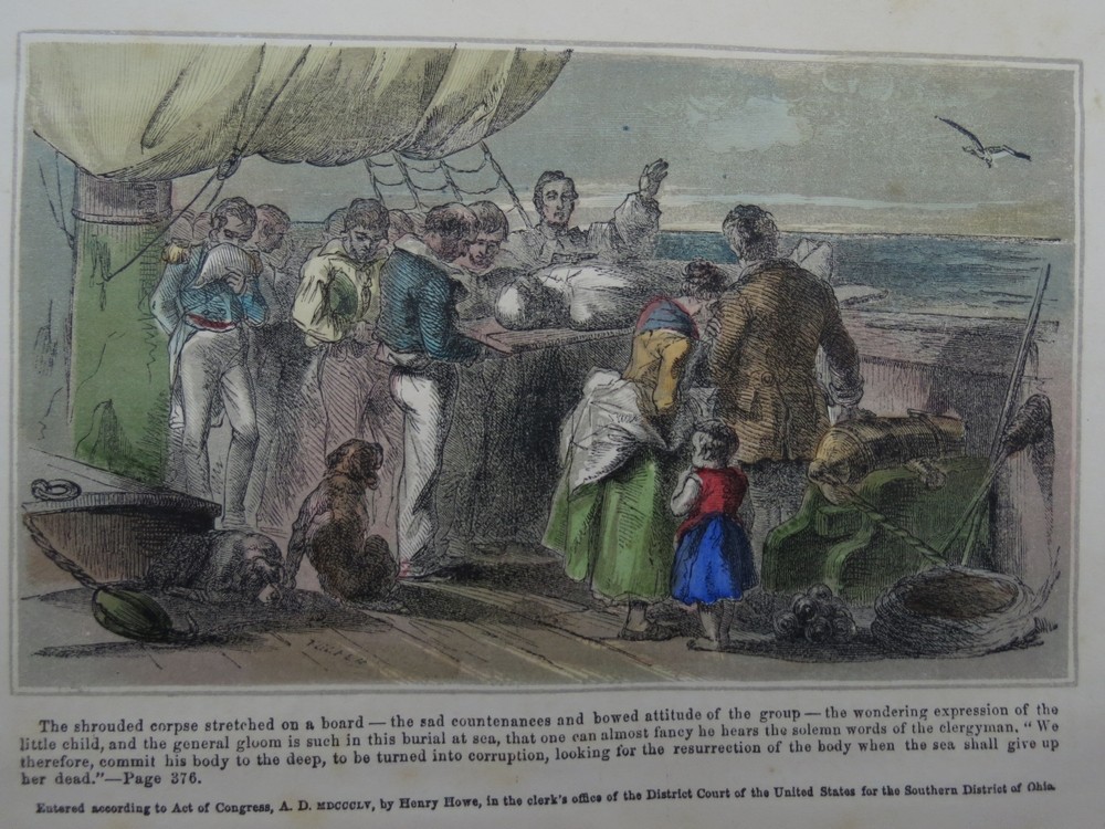 ANTIQUE 1855 HAND COLORED ENGRAVING BURIAL AT SEA