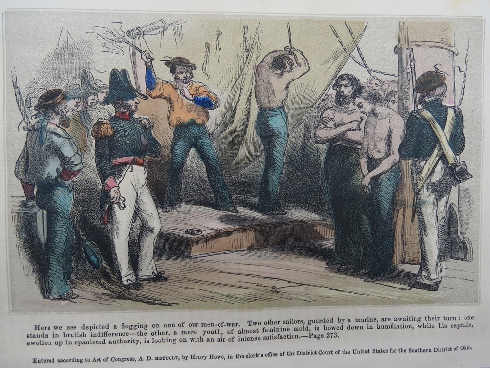 ANTIQUE 1855 HAND COLORED ENGRAVING FLOGGING OF MEN-OF-WAR