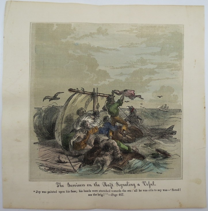ANTIQUE 1855 HAND COLORED ENGRAVING SURVIVORS ON A RAFT